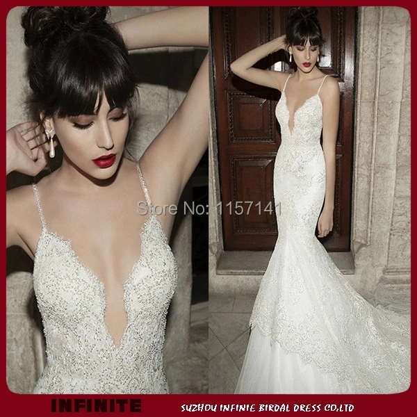 Gorgeous Spaghetti Strap Y V Neck Backless Beaded Lace Bridal Gorgeous Spaghetti Strap Y V Neck Backless Beaded Lace Bridal Gowns Chapel Train Tulle Berta