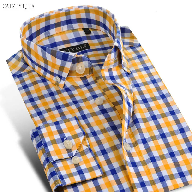 

2017 Autumn High Quality Long Sleeve Men Plaid Cotton Shirts Men's Button Down Slim fit Soft Comfortable Casual Shirts CAIZIYIJI