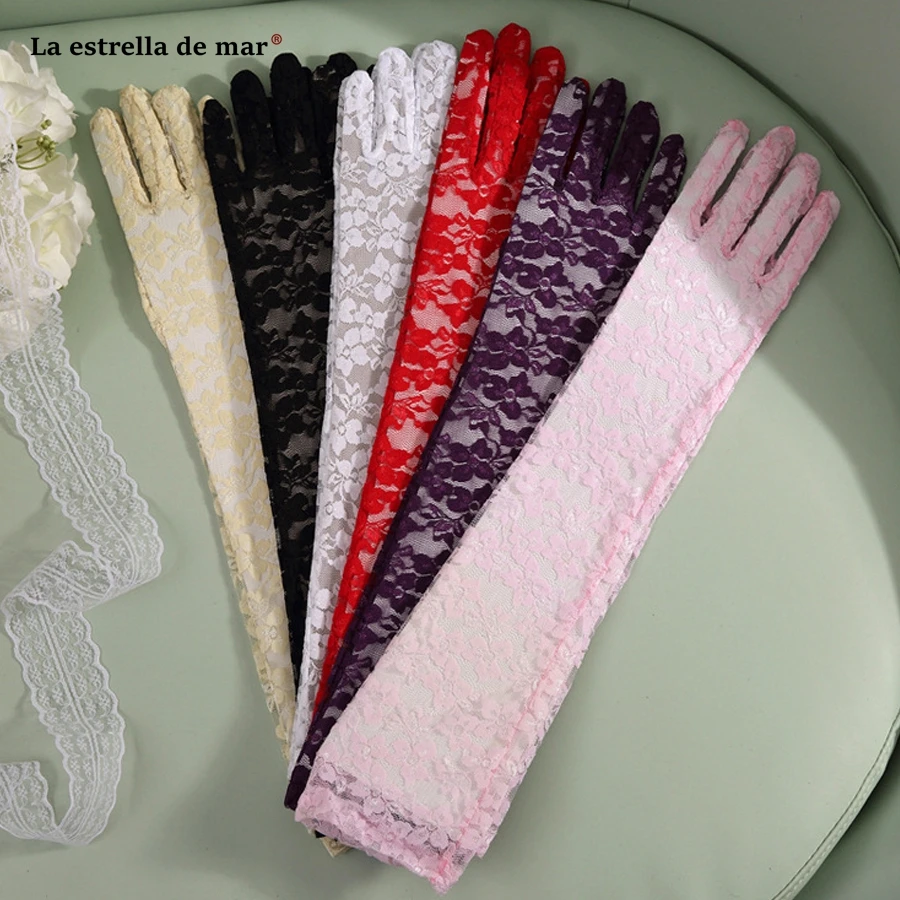 

Guantes de encaje Sale Long lace purple black white red pink champagne wedding gloves stock bridal gloves cheap gant mariage fem