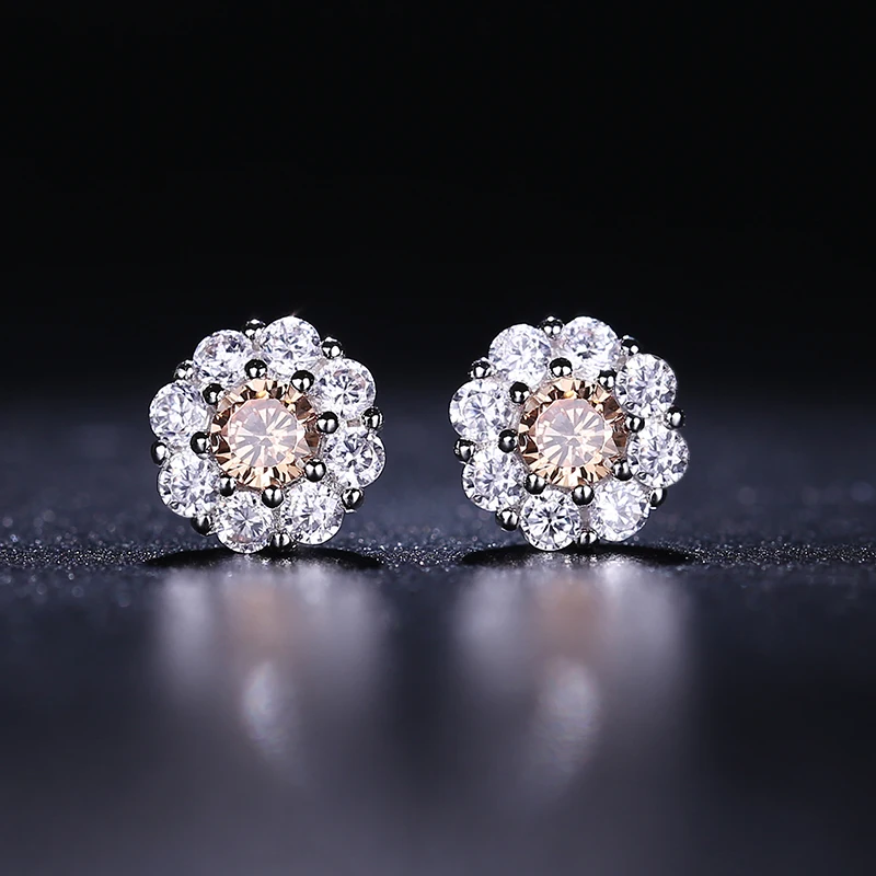 YOUNGER Silver Baby Earrings Cubic Zircon Champagne Main Stone Korean Style Fashion Statement Jewelry Small For Women | Украшения и