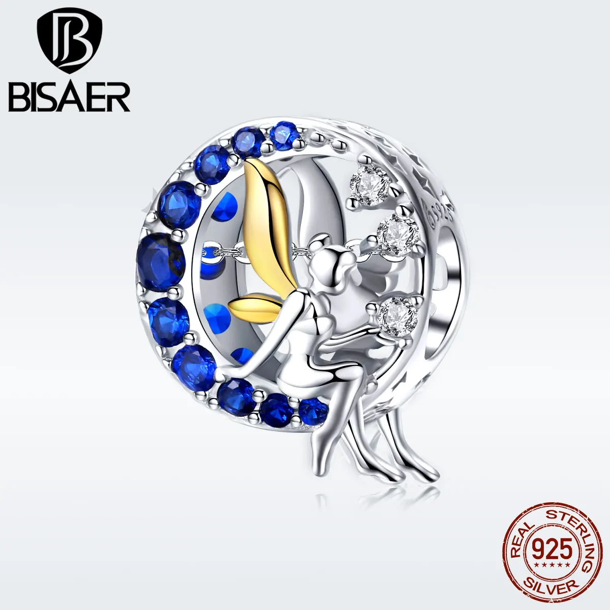 BISAER 925 пробы серебро ярко синий CZ лунный свет фея бусины для Для женщин Fit Пан