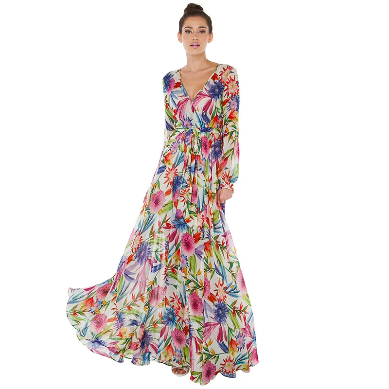Wholesale 2017 spring dress Tropical flower print sexy V-neck belt slim lantern sleeve pleated dress expansion bottom beach dress Buy Cheap 2017 spring dress Tropical flower print sexy V-neck belt slim lantern sleeve pleated dress expansion bottom beach dress