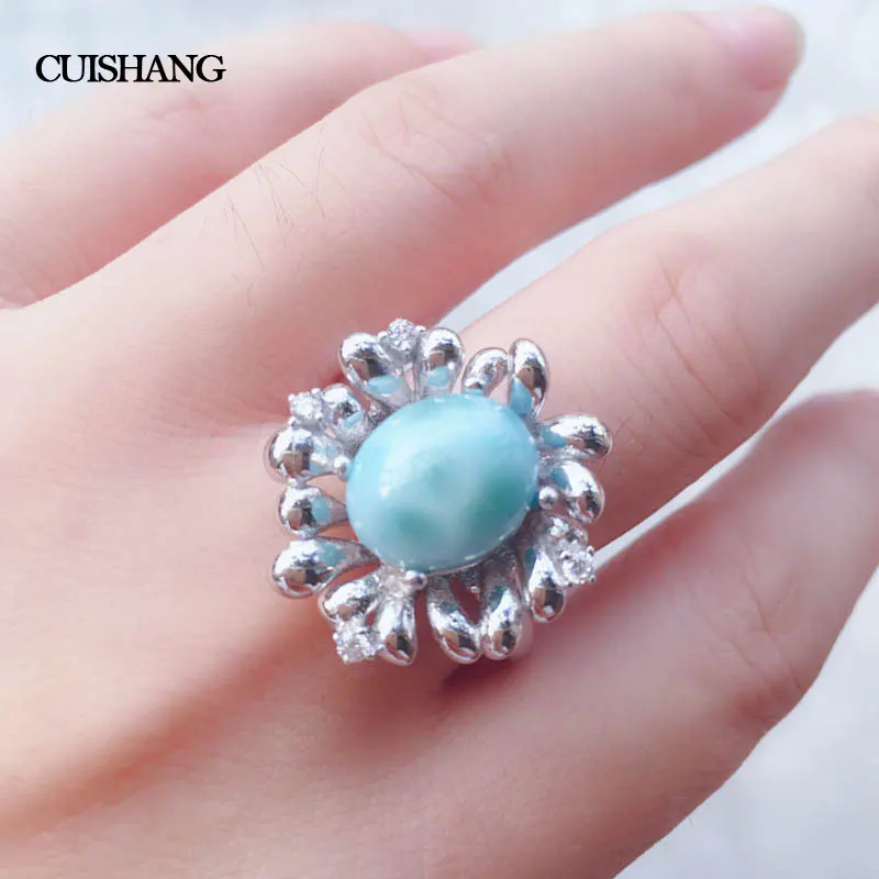 

CSJ Natural blue Larimar sterling 925 silver rings for women and lady Wedding Engagement Party for Women Lady Girl Gift
