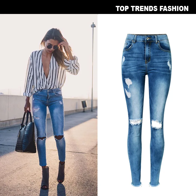 Zinwoco Высокая талия джинсы эластичный синий кисточкой Рваные Джинсы женские джинсовые штаны брюки для Для женщин облегающие джинсы Street