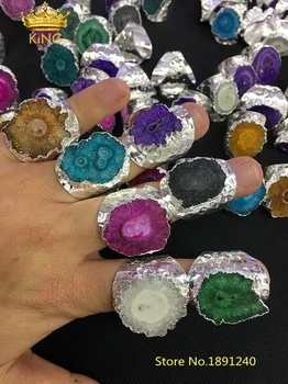 

5pcs Random Color sale,Freeform Sun Flower Druzy Agates Multistone Ring,Solar Quatz Stones Plated Silvery Copper Bands Rings