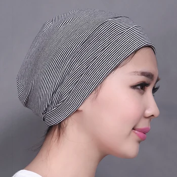

Adult Unisex All Cotton Night Cap Sleep Eyecover Striped Headcap Black White