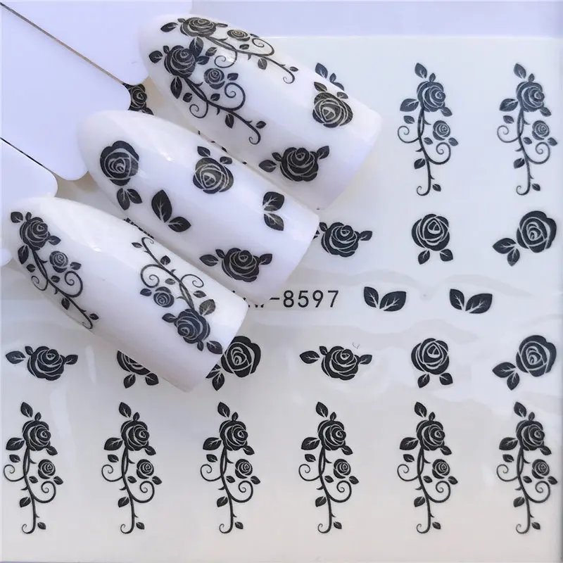 YWK наклейки для ногтей с переводом воды, черные цветы для ногтей, кружевные наклейки для ногтей, украшения из фольги, набор - Цвет: YZW-8597