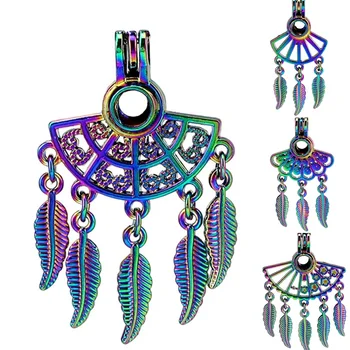

20X Boho Rainbow Filigree Fan Shape Leaf Tassel Beads Cage Essential Oil Diffuser Pearl Cage Locket Pendant