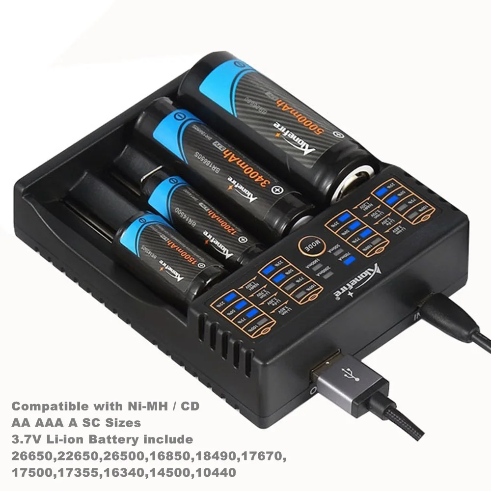 AloneFire MC104 USB зарядное устройство 1,2 в 3,7 в 3,2 в 3,85 В AA/AAA 18650 26650 14500 16340 фонарь NiCad NiMH литиевая батарея умное зарядное устройство