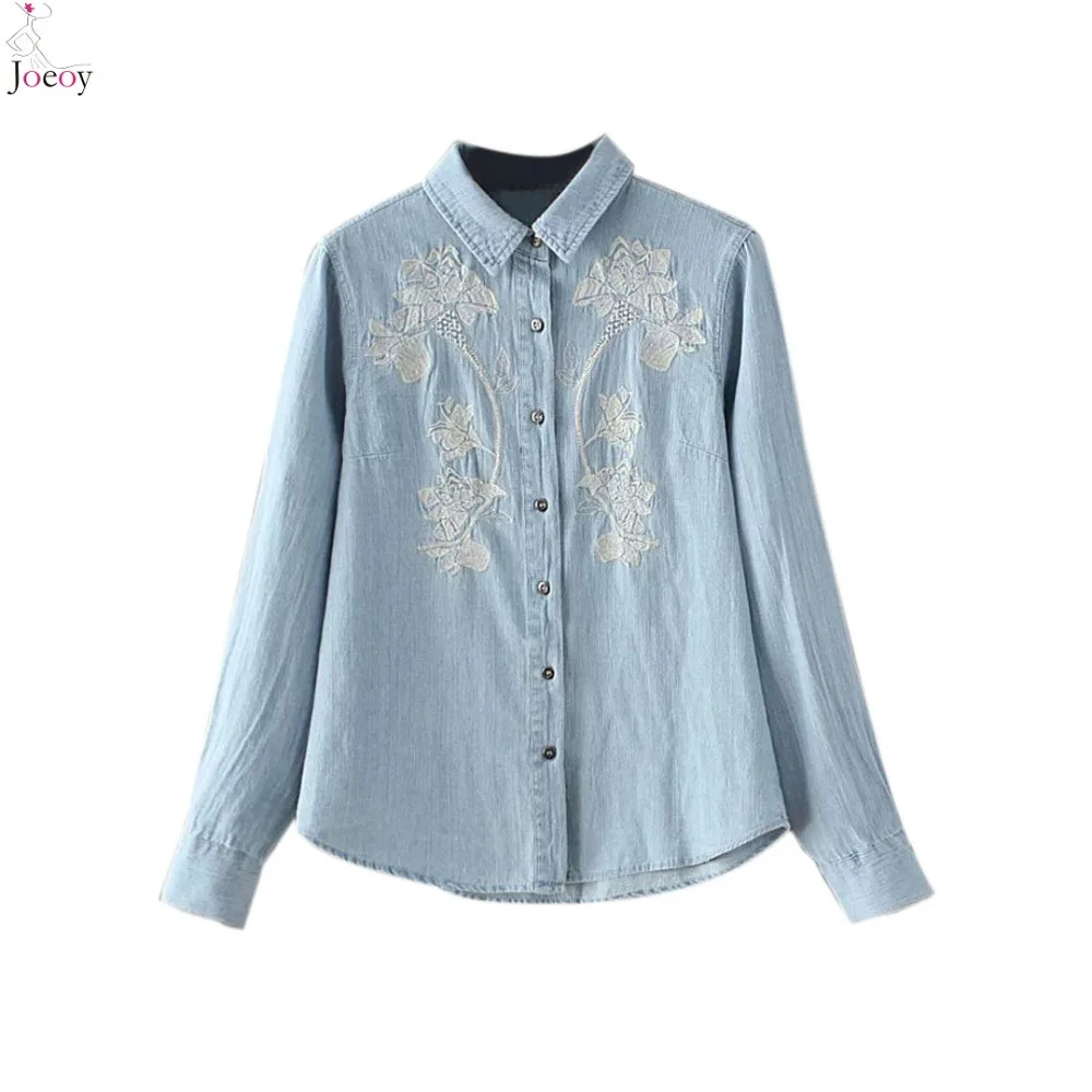 Women Light Blue Shirt Neck Embroidery Detail Long Sleeve Denim Shirt