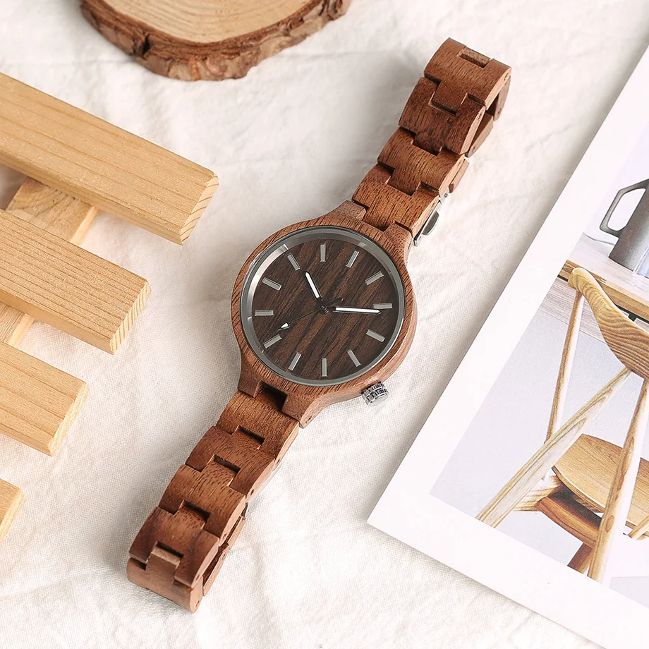 Creative Handmade Full Wooden Watches Women Round Slim Simply Dial Quartz Wood Watch Ladies Natural Fashion Timepieces           (11)