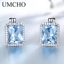 UMCHO Luxury Rectangle Created Sky Blue Topaz Clip Earrings Solid 925 Sterling Silver Gemstone Earrings For Women Fine Jewelry