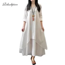 Rihschpiece Vintage Cotton Linen Maxi Vestido Blanco Vestido Largo Ocasional Más El Tamaño de Boho Beach Boho Oficina Dresees RZF105