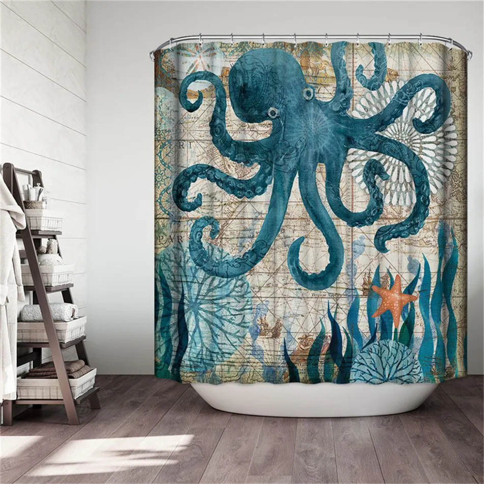 Turtle Octopus 3D Digital Printing Waterproof Polyester Shower Curtain Toilet Mat Four-piece Toilet Intermittent Curtain - Color: Purple