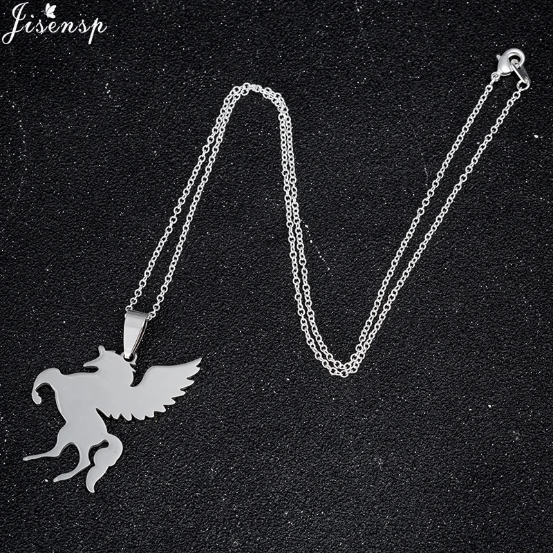 Jisensp New Women Jewelry Vintage Silver Cool Horse with Wing Pendant Long Necklace Men Gift Animal Unicorn Necklace Collares