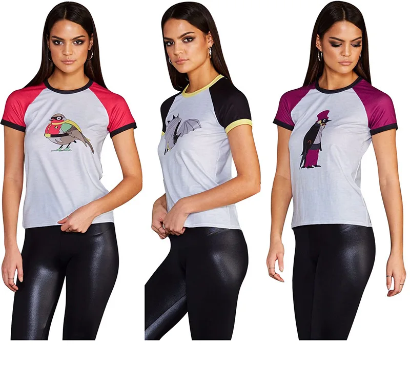 

3-color casual bottoming shirt striped bat bird penguin round neck short-sleeved t-shirt female H9373 short sleeve shirt