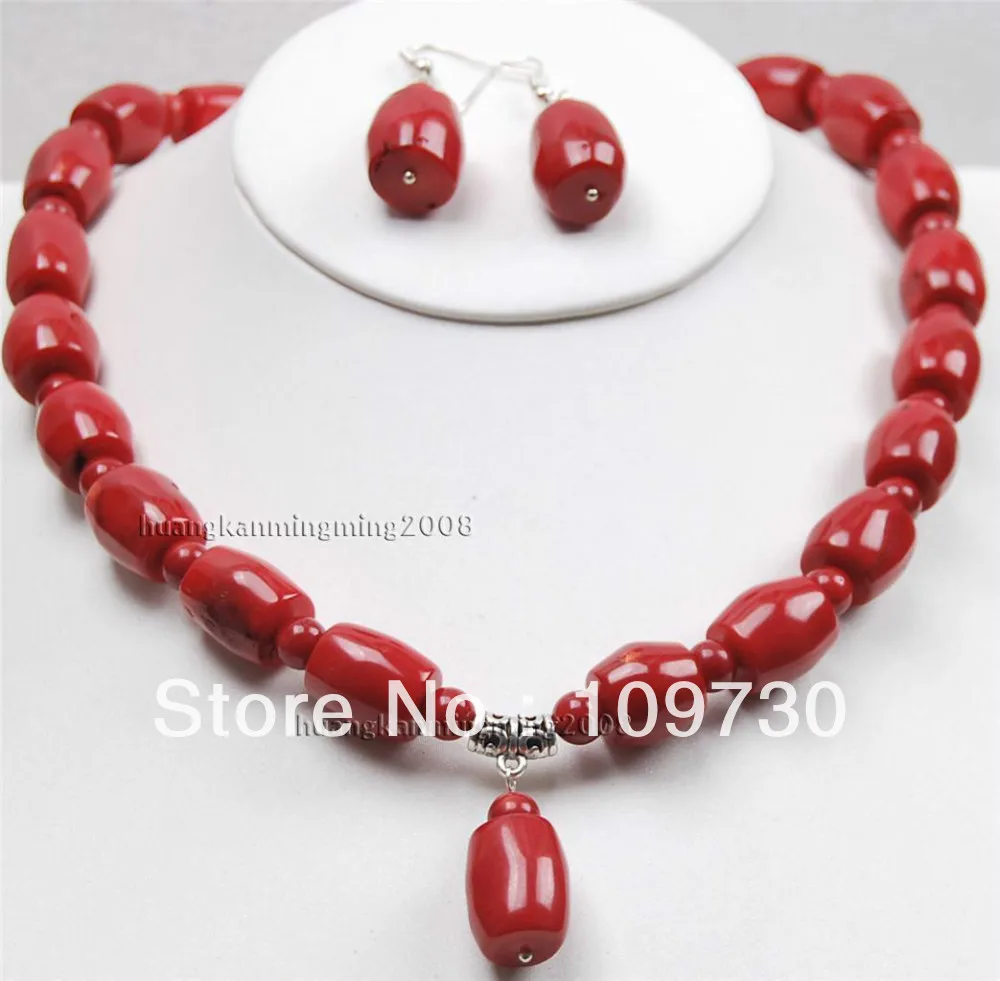 

hot sell new - Jewelry 00253 Charming!Big Red Coral Column Shape Beads Necklace Earrings Set (A0425)