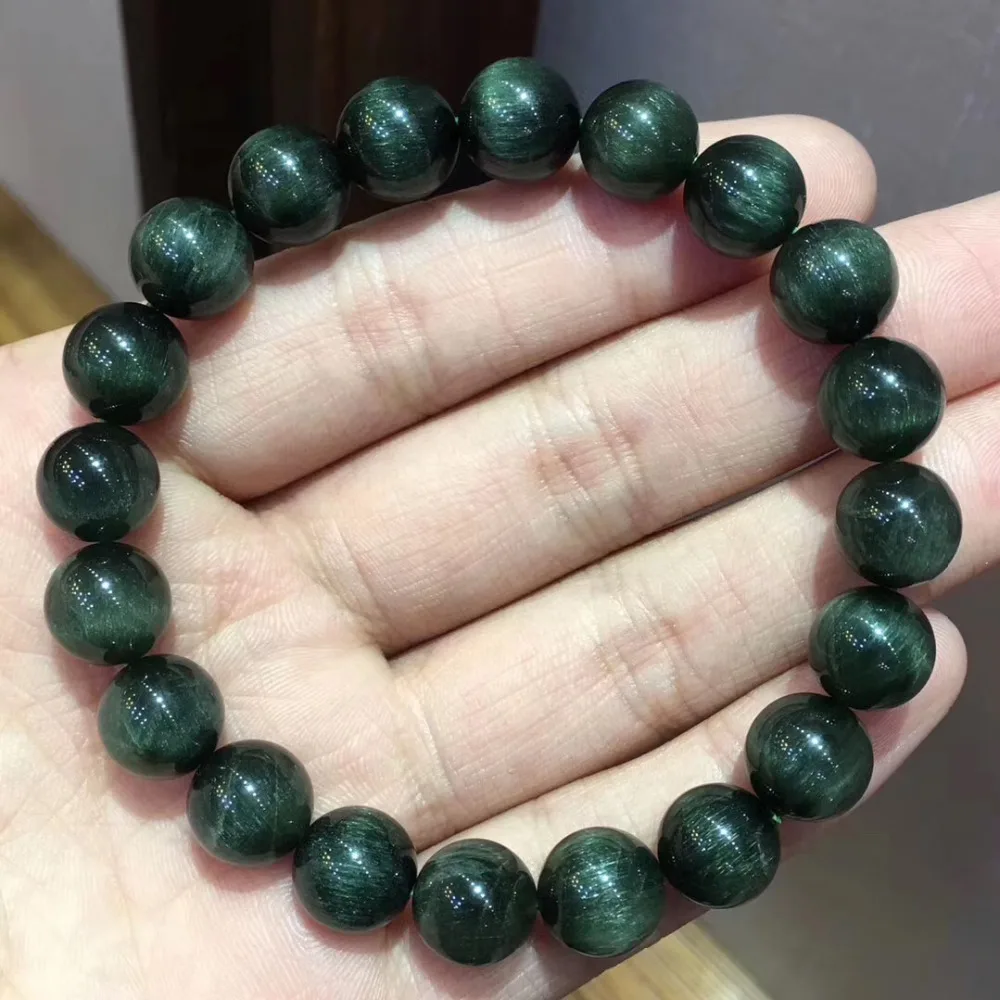 

10mm Natural Green Hair Rutilated Quartz Bracelet Women Men Cat Eye Effect Stone Jewelry Love Gift Crsytal Round Beads Jewelry