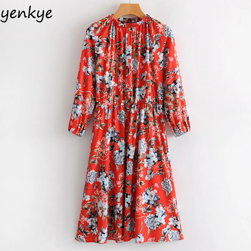 

Women Boho Floral Printed Summer Beach Dresses Long Sleeve Stand Collar Casual Midi Dress A-line jurken SYJZ1423