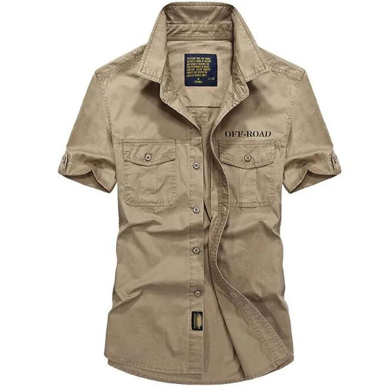 

Men Cotton Shirts Summer Short Sleeve Pockets Shirts Male 100% Cotton Casual Outwear Breathable Man Tooling Shirts