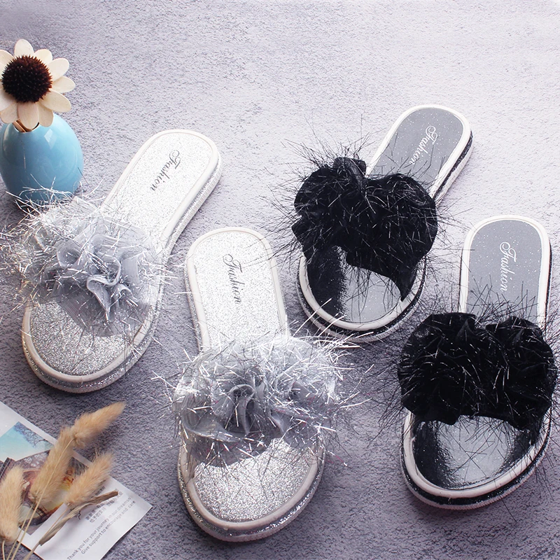 

VOTODA2019 Female Summer New Plush Flower Slippers Fashion Sequined Non-slip Soft Slippers Women's Holiday Bling Flip Flops