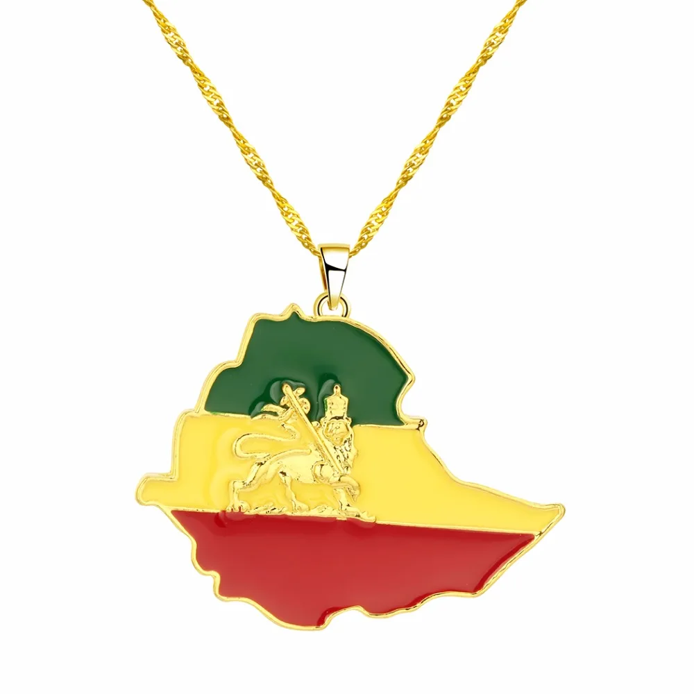 

CHENGXUN Ethiopian Flag & Lion Map Pendant Necklace for Women Men Gold Color Jewelry Card Chain Fashion Choker Necklace 2018