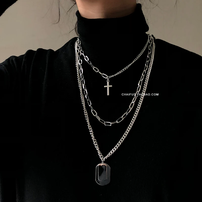 

HUANZHI 2019 New Personality Cross Square Metal Multilayer Hip hop Long Chain Cool Simple Necklace For Women men Jewelry Gifts