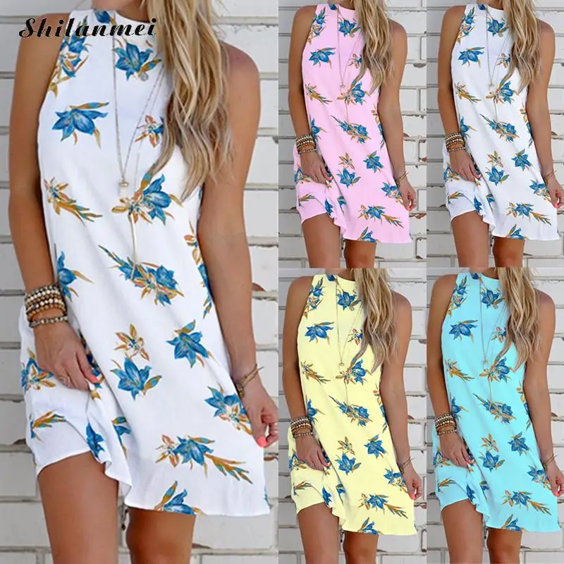 

2019 Off Shoulder Summer Dress Women Floral Print Style Backless Mid Long Beach Boho Dress Sleeveless A Line Dresses Plus Size