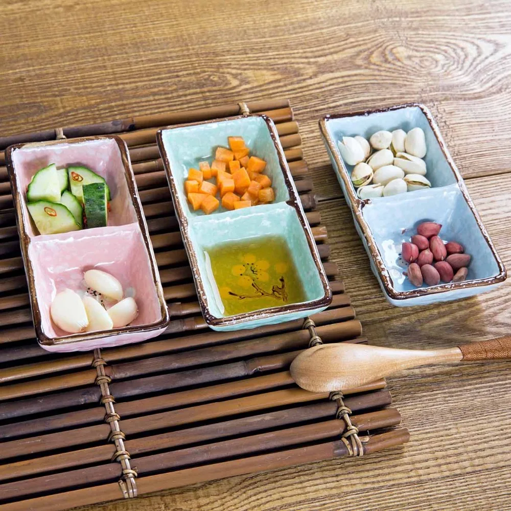 

Rectangular Handcraft Plum blossom Ceramic Plates Divided Japanese Sushi Dishes Snacks Kitchen Vinegar Seasoning Sauce Bowls
