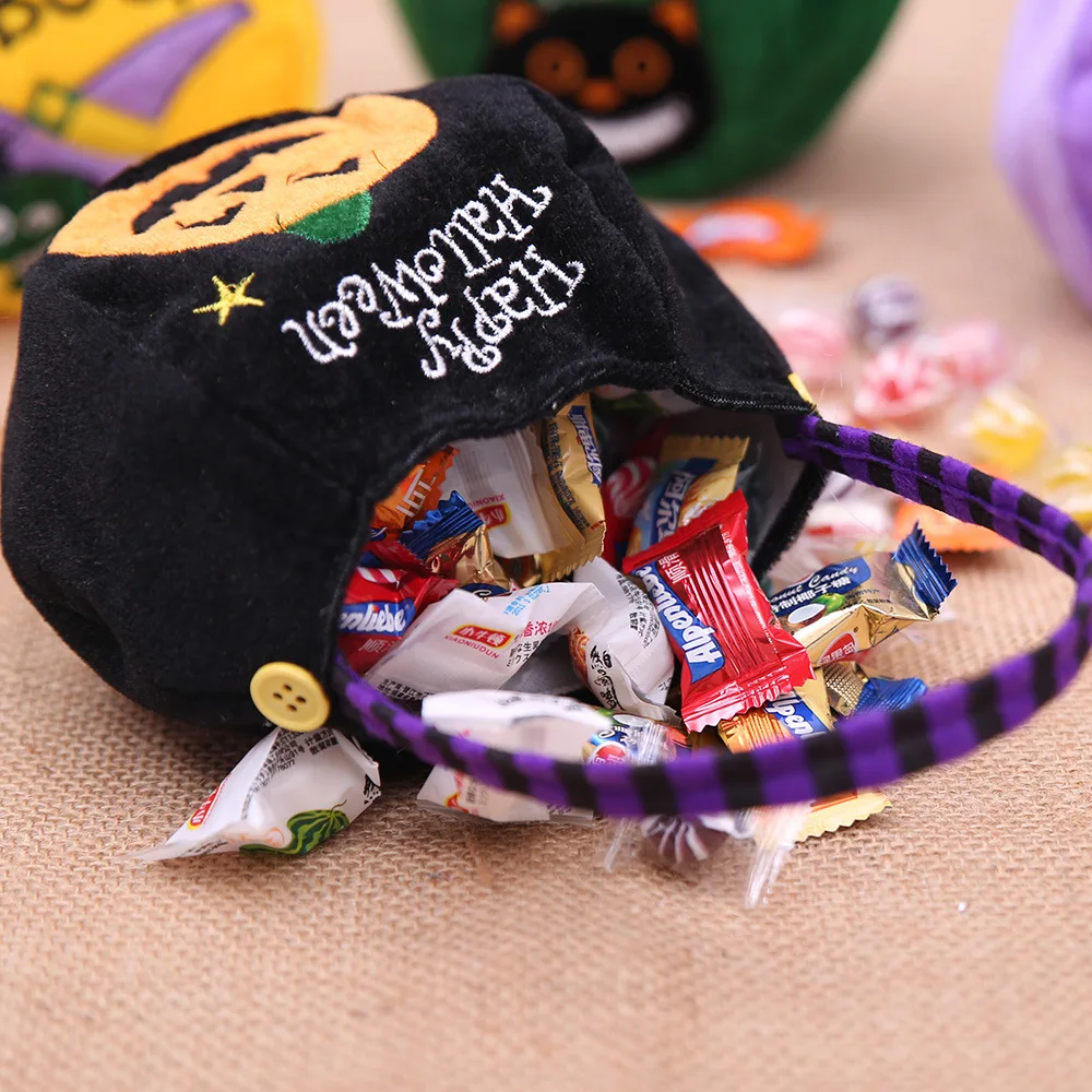 Halloween Candy Gift Bags With Round Cap Tote Bags Pumpkin Witch Black Cat Shape Cloth Sweets Candies Bag Hot Sales