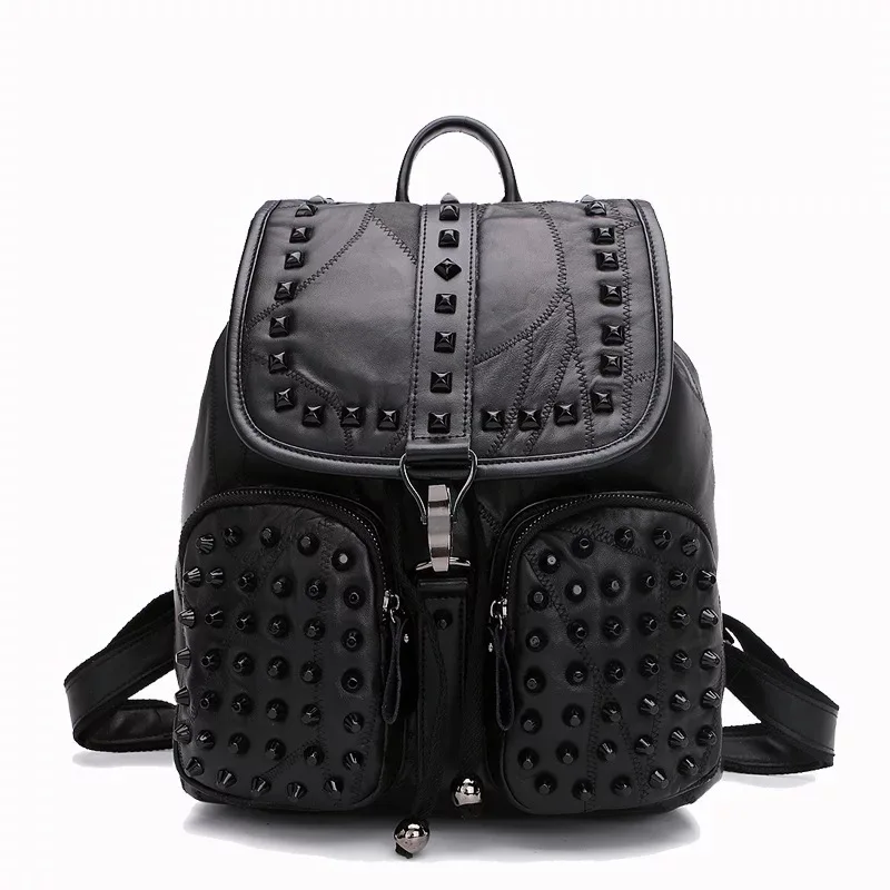 

Free Shipping New 2017 Fashion Women Sheepskin Backpack Two Solid Bag Big Capacity Rivet Shoulder Bag Drawstring tote Bag