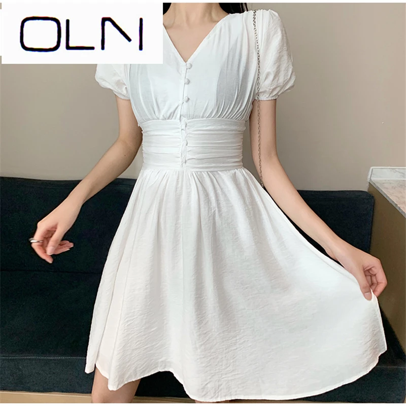 

Dress OLN Korean Korean vestidos new arrival Hong Kong star retro French niche high waisted V-neck low back slim temperament dress
