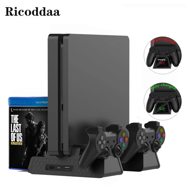 

For PS4/Slim/Pro Multifunctional Vertical Cooling Fan Stand Cooler with Dual Controllers Charger and Game Disks Storage
