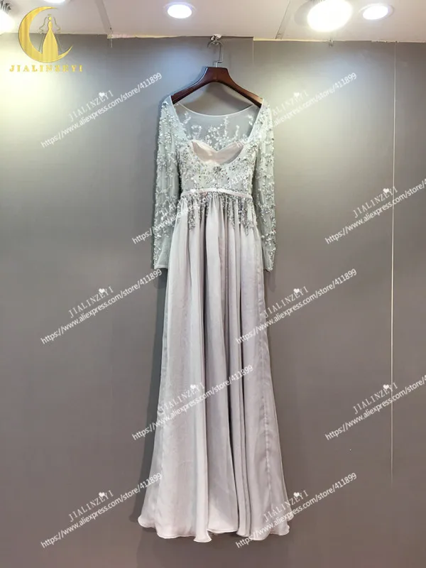 JIALINZEYI реальное изображение серый одежда с длинным рукавом Роскошные бусы Кристалл Sequinfloor Длина Вечерние платья Вечернее платье вечернее платье