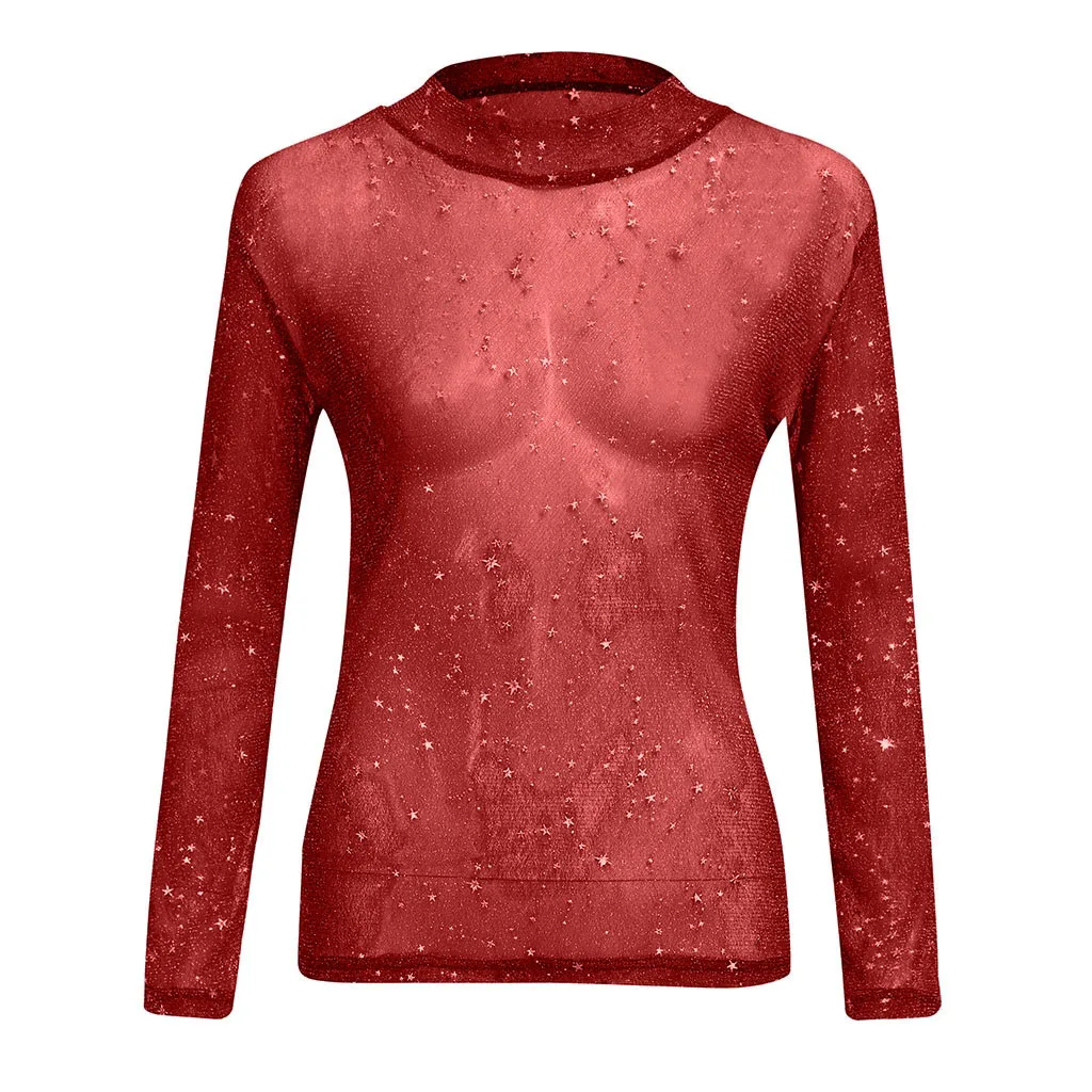 Уличная одежда, Женские топы и блузки, женская одежда, прозрачная блузка с блестками, женские топы, Женская корейская модная одежда - Цвет: Красный