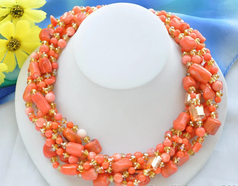

0979 6strands round baroque pink coral faceted citrine NECKLACE