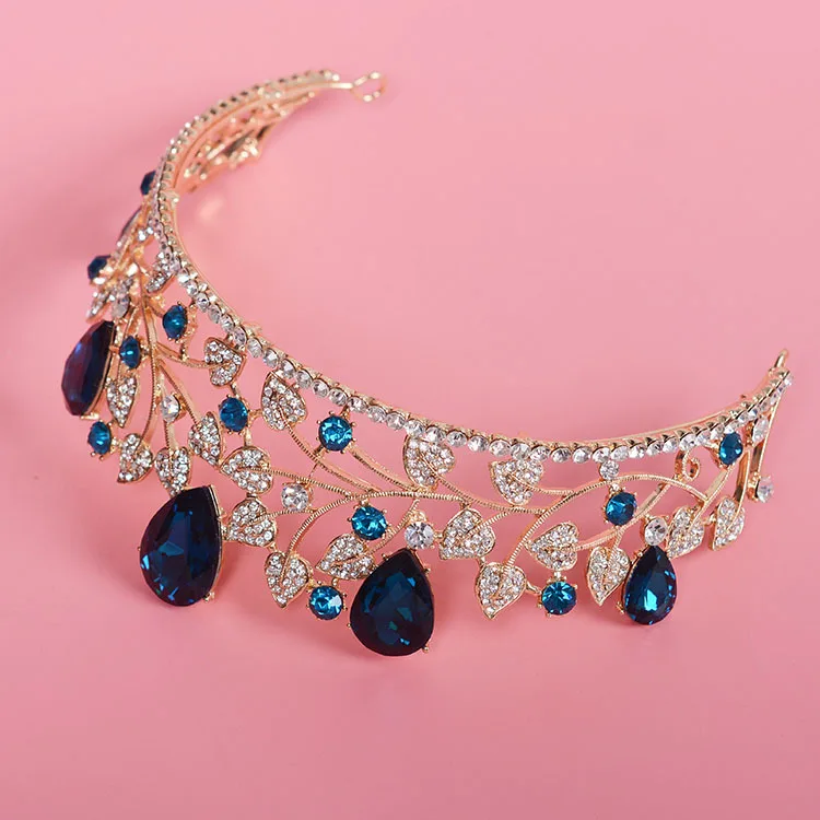 New Arrival Magnificent Blue Red Rhinestone Bridal Crown Tiaras Fashion Golden Diadem for Women Wedding Hair Accessories Jewelry