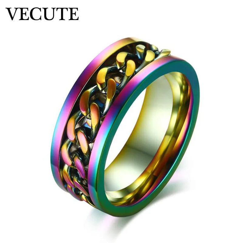 Cool Men Ring Stainless Punk Rock Alloy Stell Chain Center Band Spinner