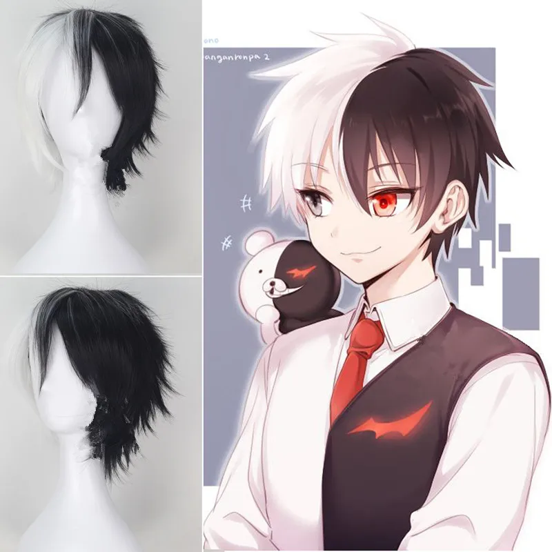 НОВЫЙ Danganronpa Монокума косплэй Искусственные парики для женщин мужчин черный серый пушистый Локон Короткие синтетические волосы парик