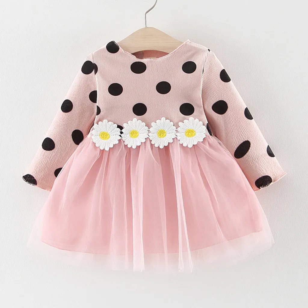 Платье для девочек, вечерние платья принцессы с фатиновой юбкой в горошек с подсолнухами для маленьких девочек, весенне-осенняя одежда для детей 0-24 месяцев, C50