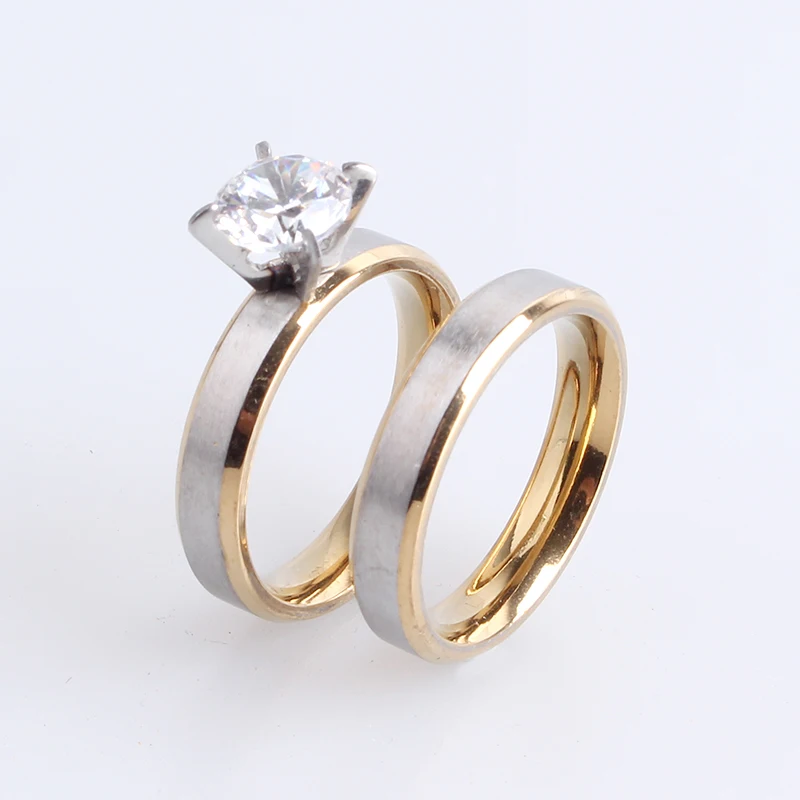 free shipping 4mm gold border Silver brushed Lovers Zircon 316L Stainless Steel wedding rings for women men wholesale