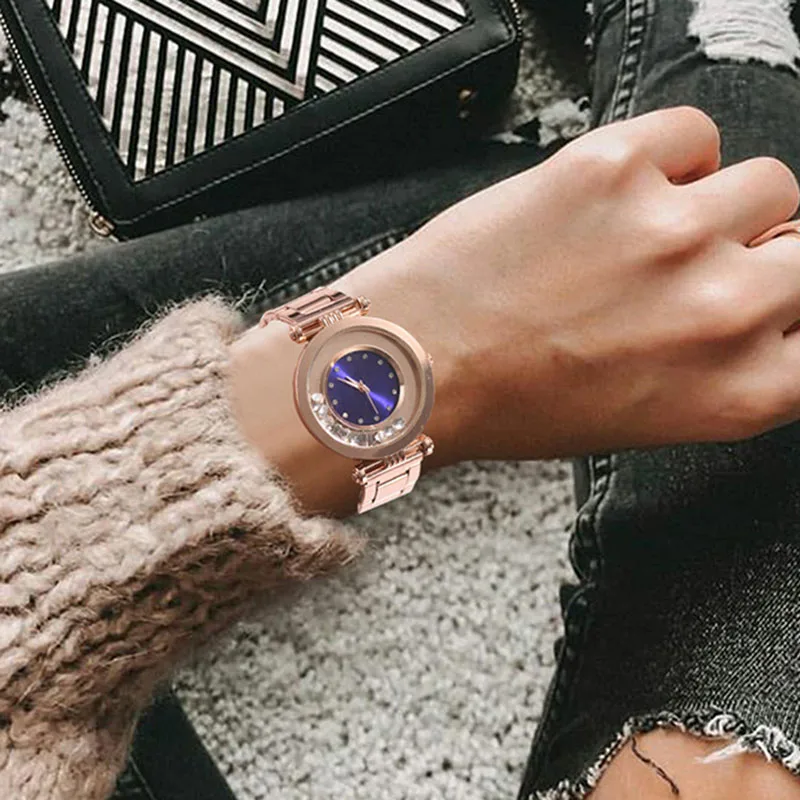 

Women Quartz Watch Rolling Beads Decor Dial Rose Gold with Alloy Band @M23