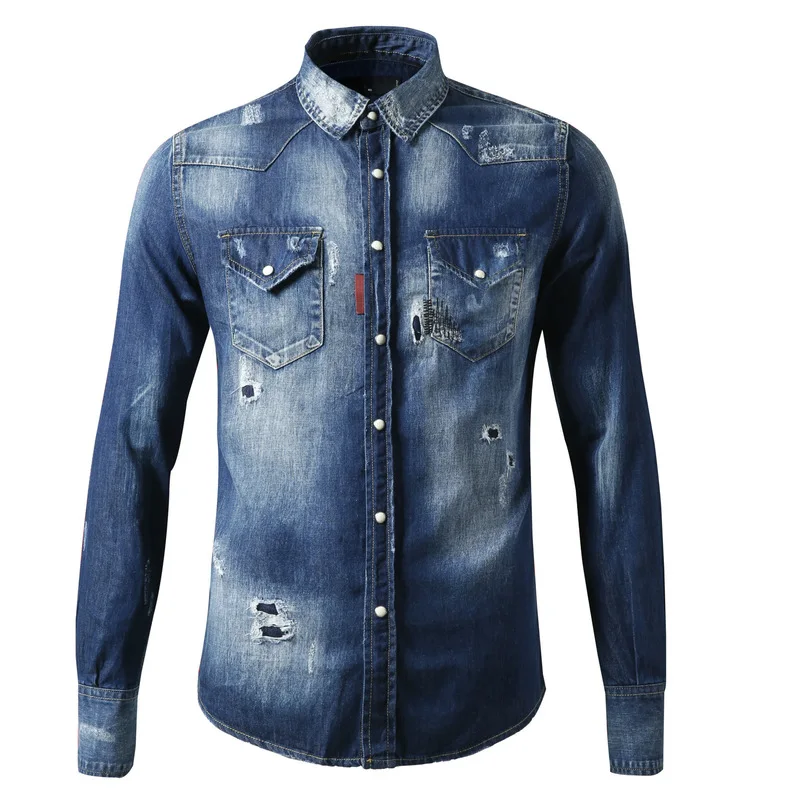 

Men's Shirt Long Sleeve Patch Hole Embroidery Embroidered Denim Shirt Menswear Mens Shirts Men Shirt Long Sleeve