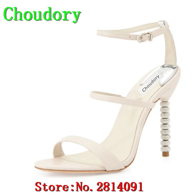 Choudory Solid Sexy Party Shoes Woman String Bead Buckle Strap Genuine Leather Super Thin High Heels Comfortable Sandals Women