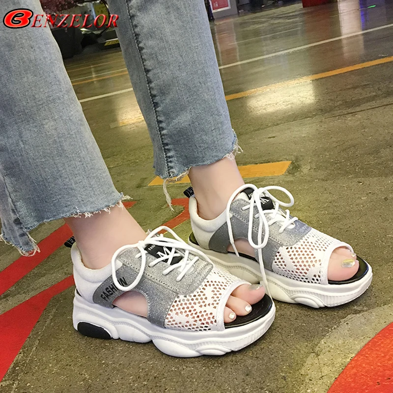 

BENZELOR 2019 Summer Peep Toe Mesh Shoes Women Sandals Sneakers Platform Thick soled Fashion Femme Ladies Slingback Sandalias