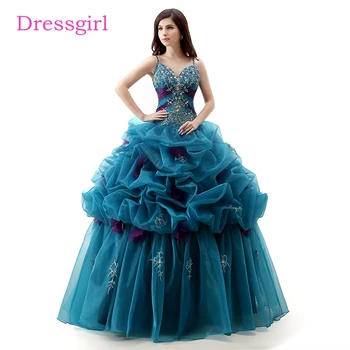 

Dark Blue Cheap Quinceanera Dresses 2019 Ball Gown Spaghetti Straps Ruffles Organza Crystals Sweet 16 Dresses