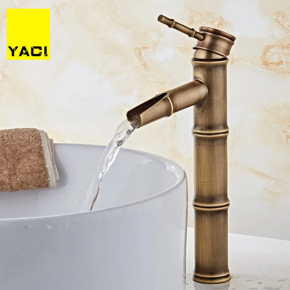 

YACI Bathroom Bamboo Faucet Antique Finish Copper Sink Mixer Tap Deck Mounted hot and cold water bamboo taps