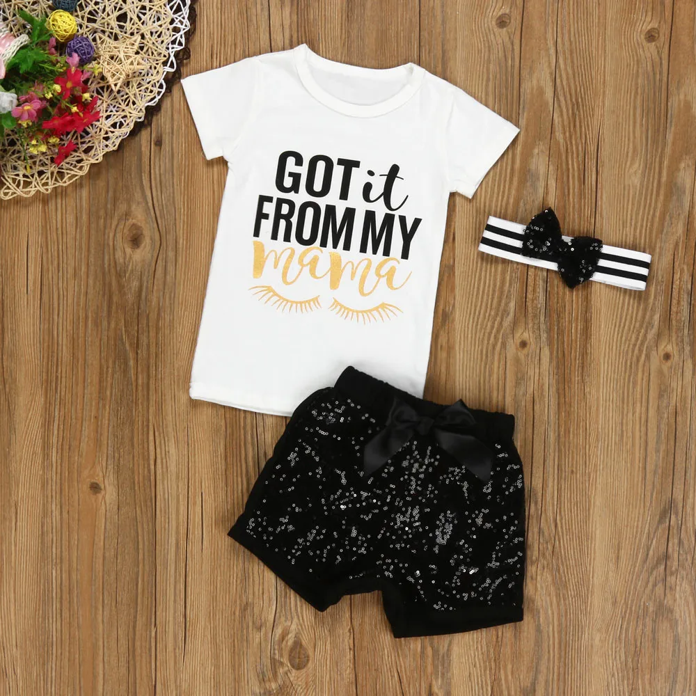 

Newborn Baby Girl Letter Short Sleeve T shirt+Pants Headband Outfits Clothes Set Roupa Menina Conjunto 2019 Fashion Kid Clothes