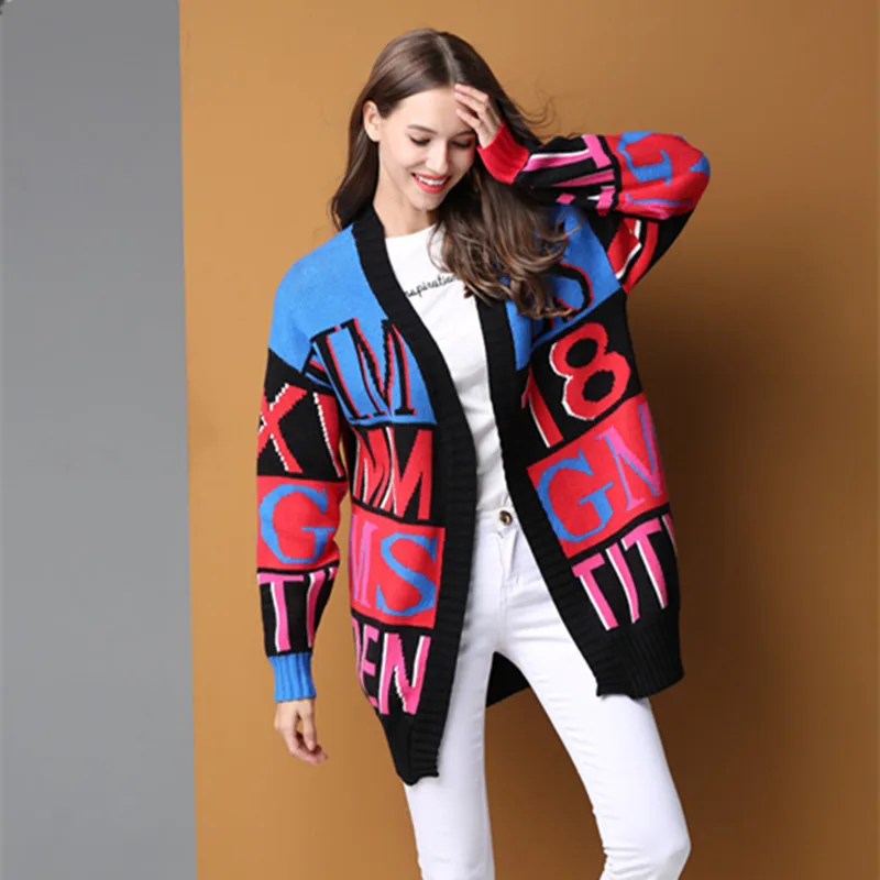 ^*Best Offers ATKULLQZ Hot 2019 early spring new cardigan fashion color matching letters loose long section knitted wild sweater women coat