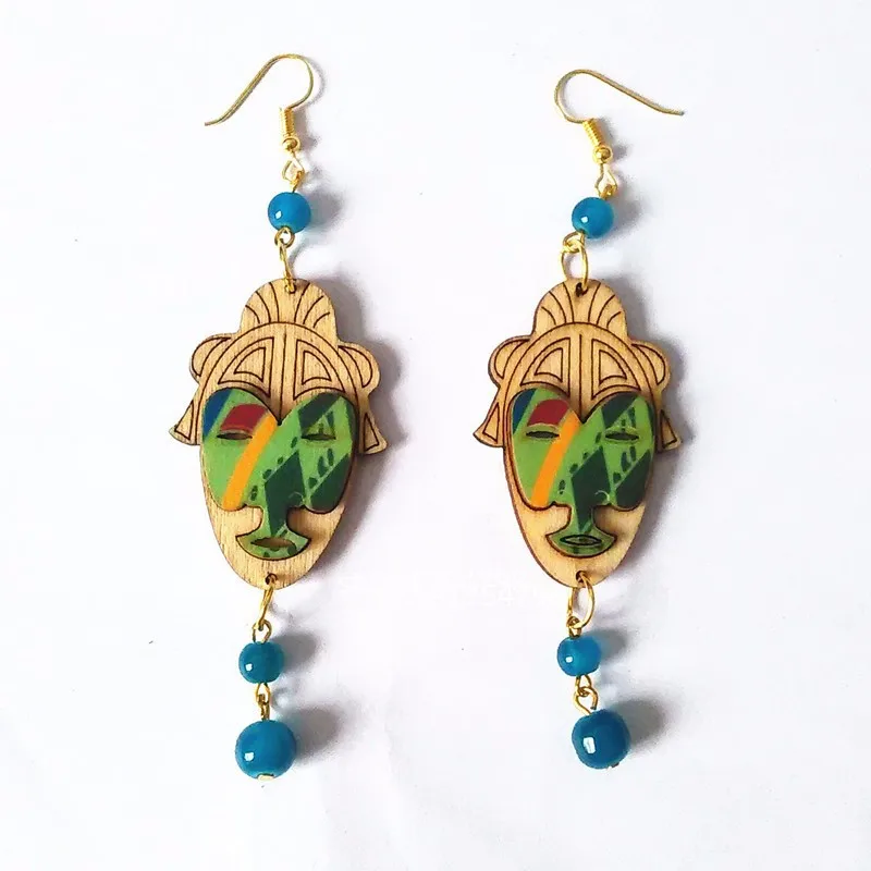 

New Design Boho Wooden Art Human Face Earrings Female Pendientes Mujer Moda 2018 African Mask Hanging Beads Earrings for Women